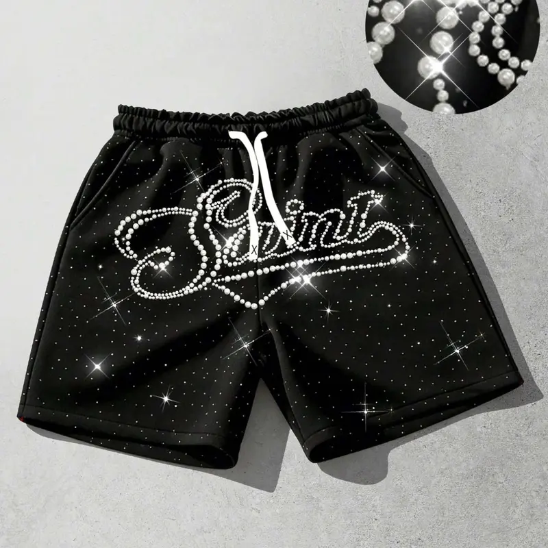Three dimensional white nail bead shorts, fashionable unisex rhinestone shorts, men's summer casual fashion shorts, beach shorts, European and American street fashion brand hot stamping shorts, sail slogan shorts, Drawstring Waistband Shorts