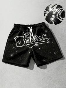 Three dimensional white nail bead shorts, fashionable unisex rhinestone shorts, men's summer casual fashion shorts, beach shorts, European and American street fashion brand hot stamping shorts, sail slogan shorts, Casual Streetwear Shorts