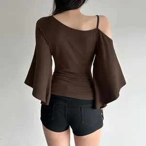 Retro Spice Girl T-shirt Irregular Off Shoulder Beaded Slanted Collar Pleated Short Sleeved Summer Unique Slimming Top for Women