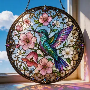 Stained Glass Hummingbird Suncatcher, Round Window Hanging Decor, Floral Bird Glass Art, Colorful Sun Catcher Gift for Mom Garden Home