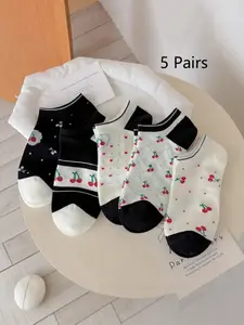 5 Pairs Sweet Cherry & Heart Design Ankle Socks, Soft Moisture Wicking Casual Socks for Girls, Trendy Cute Short Socks for Everyday