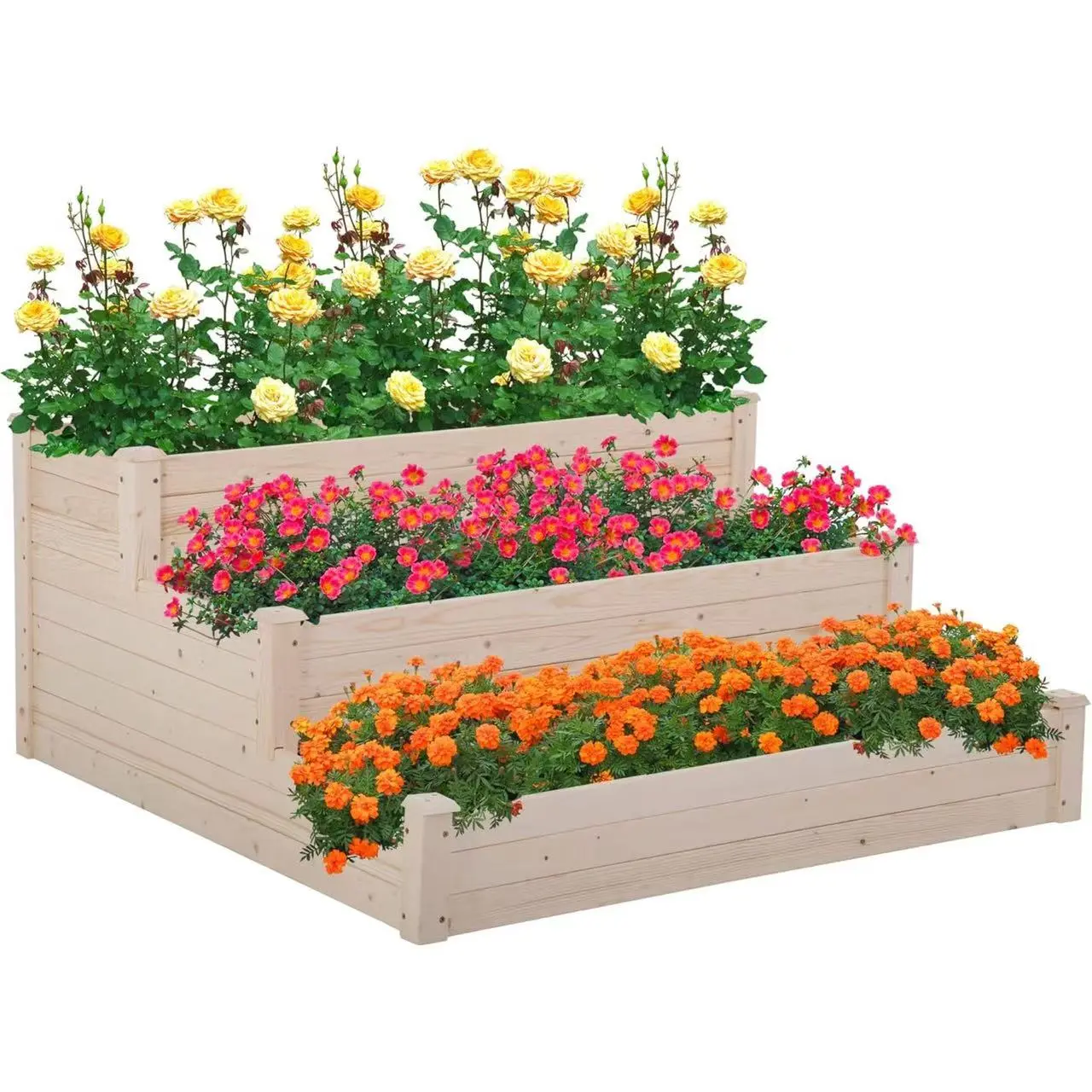 BestOffice 3 Tier Raised Garden Bed Outdoor Wooden Planter Box 48x48x29 ft Wood Elevated Planter Box with Divided Sections Open-Ended Base for Vegetables Flowers Herbs Plants