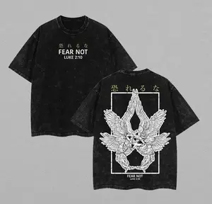 Unisex Vintage Washed Fear Not Luke 2:10 T-Shirt 100% Cotton Double-Sided Seraphim Angel Print Oversized Loose Fit Crewneck Short Sleeve Streetwear Religious Scripture Design Casual Daily Wear Top for Men Women