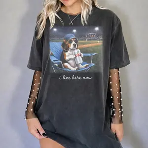Funny Baseball Dog Shirt, I Live Here Now Tee, Cute Beagle Fan Tee, Game Day Shirt, Streetwear Unisex Style, Gift for Women, Gift for Men