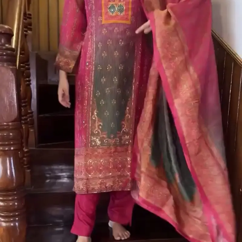 Women's Straight Suit Pakistani Style Indian Summer Collection Casual Pink Embellished Clothes for Womenswear