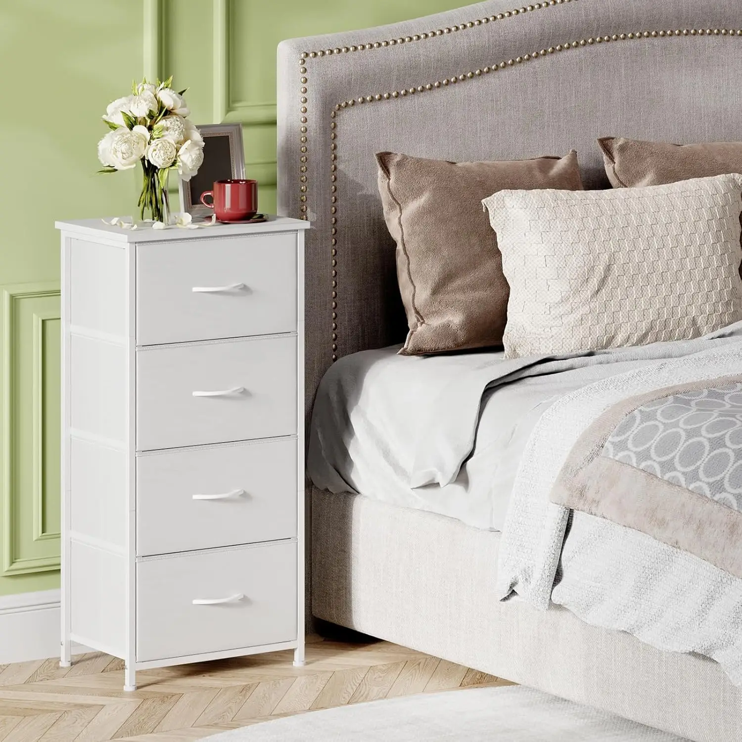 4-Drawer Storage Organizer Dresser with Wooden Top & Metal Frame, Tall Fabric Closet Chest for Bedroom, Nursery, Living Room - Easy Assembly, Stylish