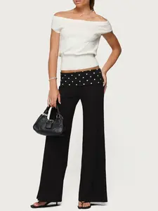 Women's Edikted Reeva Polka Dot Foldover Pants Waist Spandex Blend Cotton Mix Bottoms - Machine Washable Stylish Casual Pants Bottom