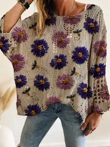 Women's Knitted Long Sleeve Top, Casual Elegant Commuter Wear, Vacation Style, Colorblock Gradient Floral Print, Loose Fit Batwing Sleeves, Knitwear