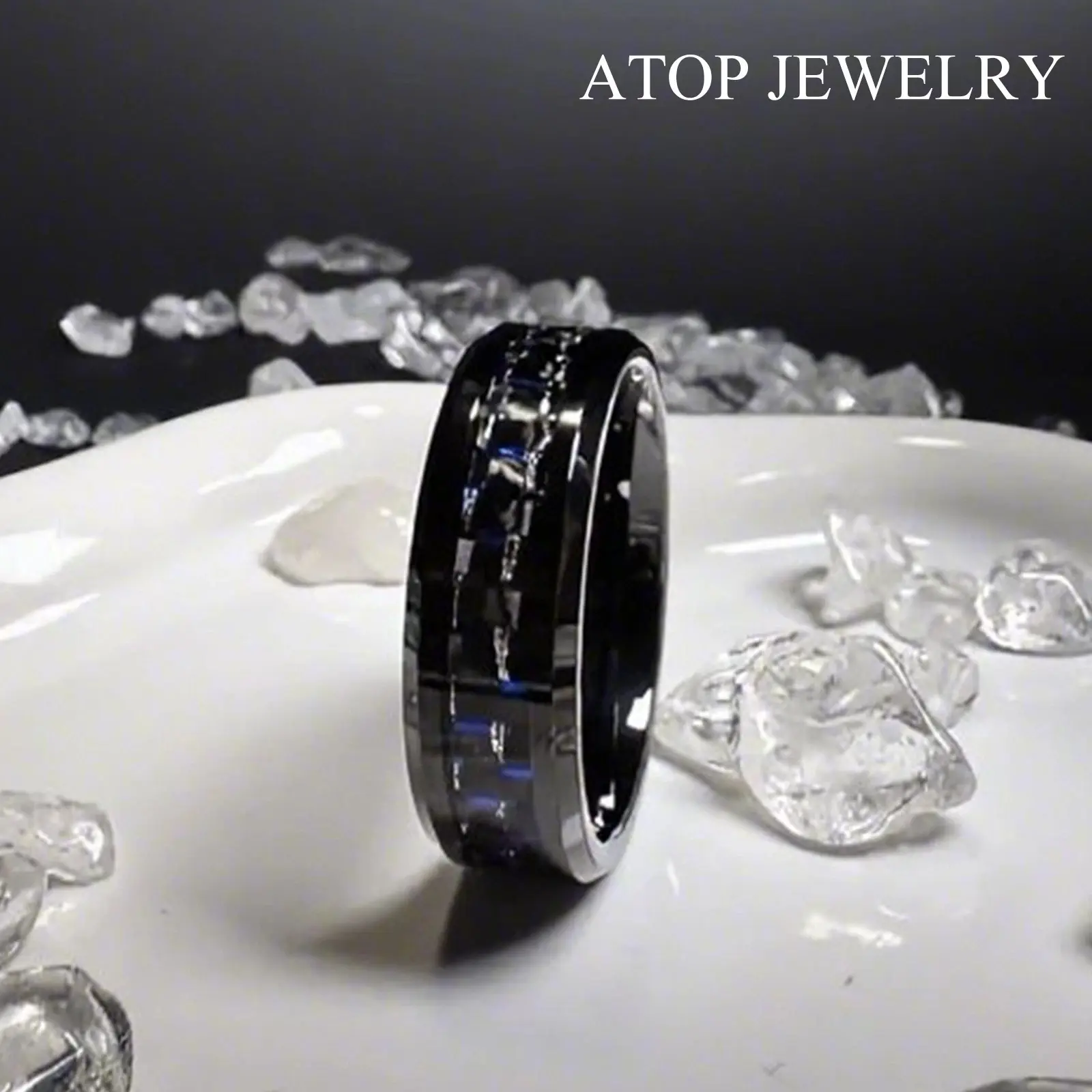 8mm Black Tungsten Ring Black Blue Carbon Fiber Wedding Band ATOP Men's jewelry