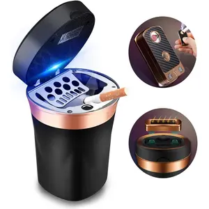 Car Ashtray, Auto Ashtray Cigar Electronic Cigarette Lighter Detachable Solar Powered/USB Rechargeable with Lid Blue LED Light for Most Car Cup Holder Home Office (Black)