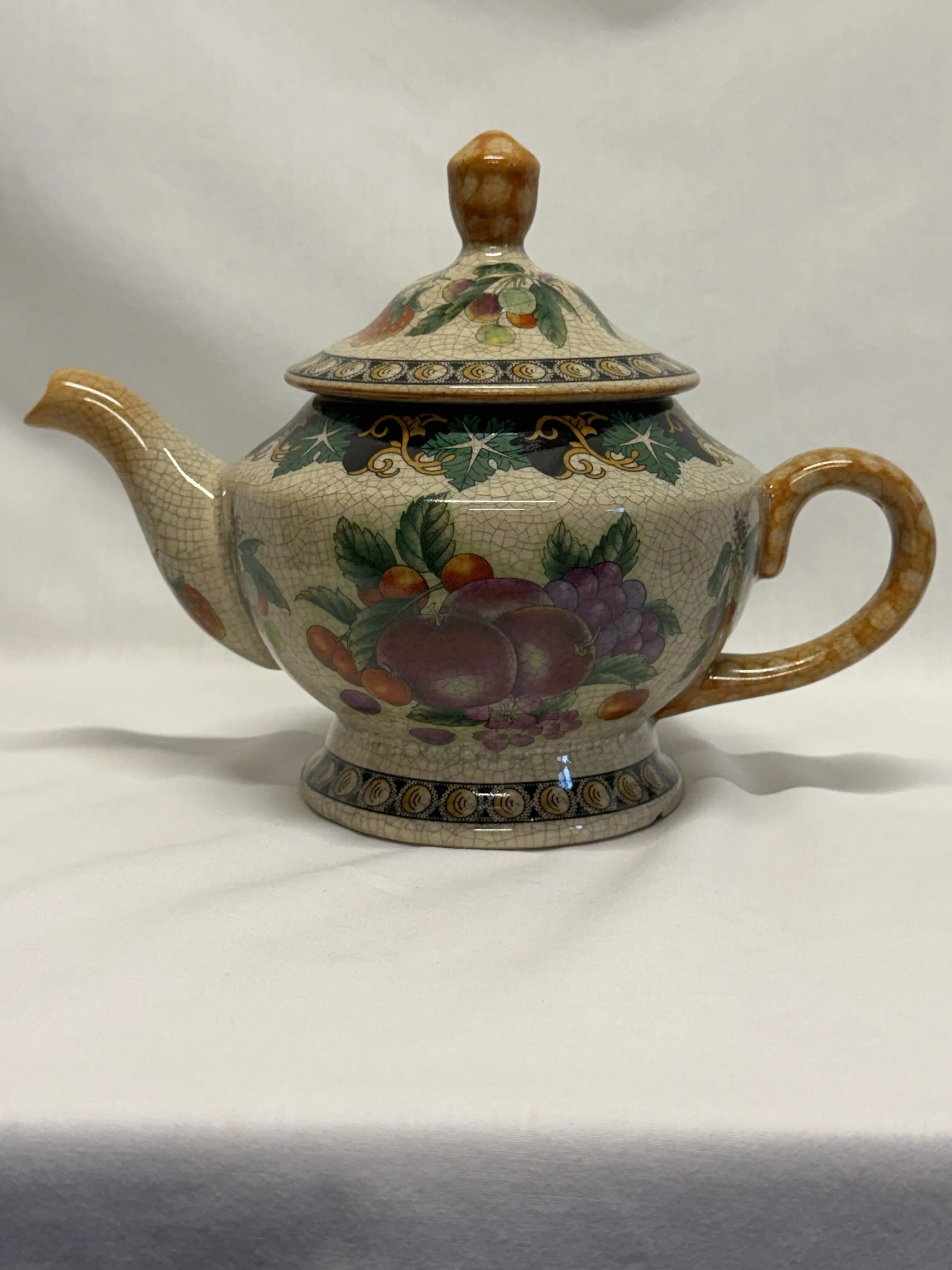 Crackled Glass Teapot Strawberry Apple Grapes Cherries