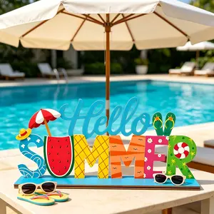 "Hello Summer" Sign — Summer Home Decor suitable for Homes, Offices, Shelves, and Mantels; Indoor Tabletop Centerpiece featuring Beach Slipper and Watermelon-Red Accents (Beach Theme)