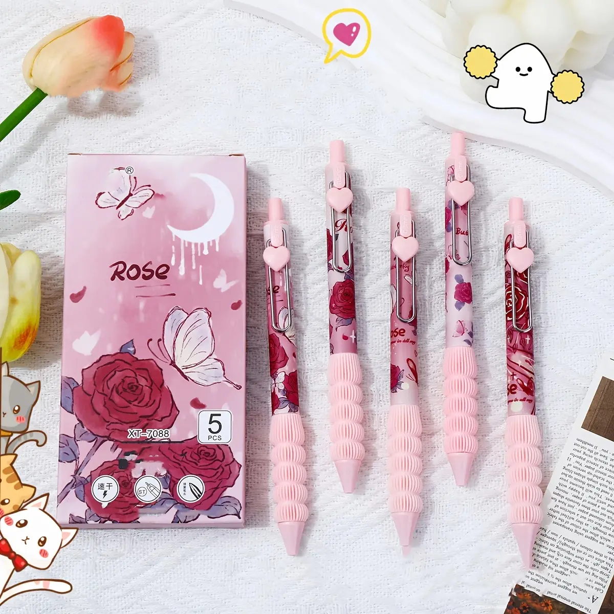5pcs Heart Rose Click Pens, Romantic Girl Brush Pen St Quick Dry Ink, High Aesthetic Stationery, Writing Stationery, College Student Pen, Perfect Back-To-School Gift, Set With Pen