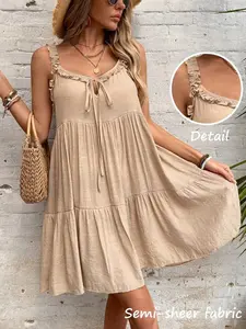 Swim Women's Summer Beach Khaki Boho Sleeveless Frill Trim Tie-Up Coverup Dress,Elegant Casual Holiday Vacation Country-Style Party Music Festival Outfits