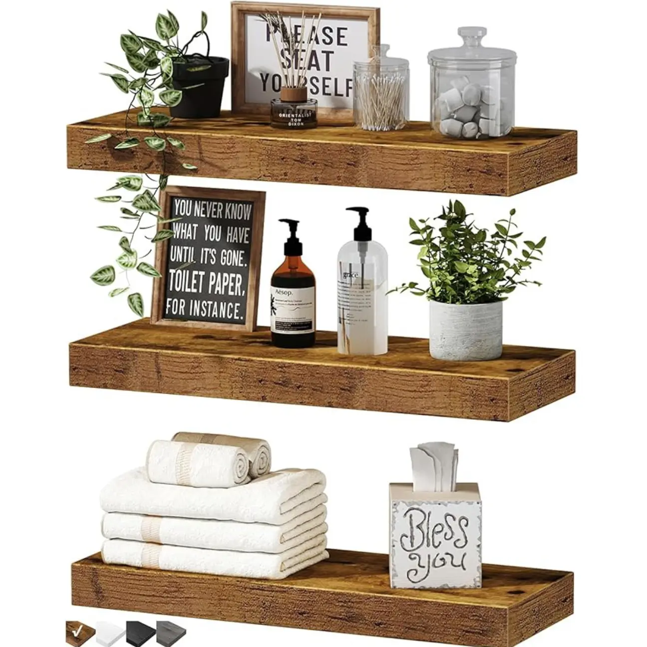 Floating Shelves for Wall Bathroom Shelf Bedroom Kitchen Farmhouse Small Book Shelf 16 inch Set of 3, Rustic Brown Decor
