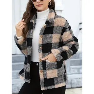 Plaid Print Patched Pockets Teddy Coat, Versatile Long Sleeve Single Breasted Winter Outwear, Women's Clothing
