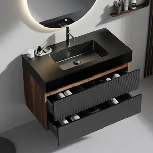 Grace 36"  Walnut Bathroom Vanity with Matt Black Engineered Quartz Sink and Soft Black Drawers, Wall Mounted Floating Bathroom Vanity for Modern Bathroom, One-Piece Matt Black Basin, KD