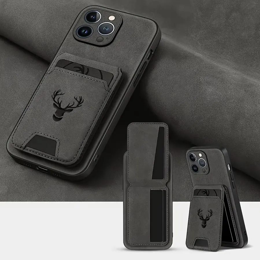 High-End Artificial Leather Card Holder Smartphone Cellphone Casing - Deer Head Pattern, Classic Matte Solid Color, Polycarbonate Protection for iPhone 11,12,13,14,15,16 Pro Max,15 Plus,16E Mobile Phone Accessories
