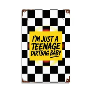 I'm Just A Teenage Dirtbag Baby Checkered Flag Racing Tin Sign， Vintage 90s Grunge Music Metal Sign Print Aesthetic Room Decoration for Home Bedroom Kitchen Bar Dorm Bathroom Wall Decor 8 X 12 Inch