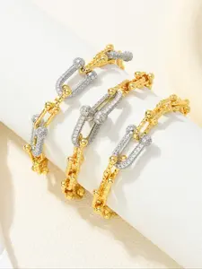 Stainless Steel U-Shaped Horseshoe Buckle Bracelet, Copper Inlaid Zircon Luxury Design,All Seasons Wear, Chunky Jewelry, Stackable Bracelet