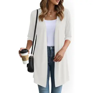 Womens Open Front Long Cardigan 3/4 Sleeve Lightweight Knit Cardigan Casual Layering Spring Summer