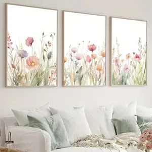 Set of 3 Blue Floral Watercolor Wildflower Canvas Prints, Unframed Wall Art for Living Room Home Decor, No Frame Included