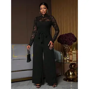 Women's Black Lace - Sleeve Jumpsuit ?C Breathable Fabric Womenswear, Suitable for Spring and Everyday Wear, Featuring a Fitted Overall StyleGift