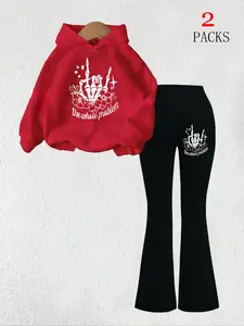 Women's Floral Skull Graphic Warm Long Sleeve Sweatshirt + Slim Fit Comfortable Flare Pants Matching Set, Casual Fall Winter, Kangaroo Pocket Design, Flared