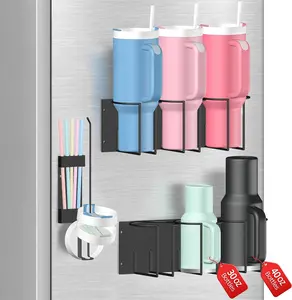 【Holiday Deal】Magnetic Cup Holder for Fridge - Tumbler Organizer for Stanley 20/30/40 oz, Stanley Cup Holder with Lid & Straw Holders, Water Bottle Organizer Stanleys Cup Accessories Storage for Kitchen Fridge