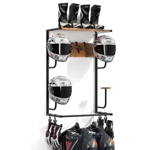 Motorcycle Helmet Holder Wall Mounted,Motorcycle Helmet Holder w/ 1 Layer Wooden Boards and 4 Hat Stands Helmet Rack,Rustic Motorcycle Helmet Rack W/4 Glove Chips and 4 hooks for Most of Helmet