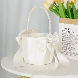 Pure Color Tailored Large Bow Pearl Handle Flower Girl Sprinkle Basket, Halloween, Christmas, Party Supplies, Wedding Season, Birthday Gift, Mother's Day
