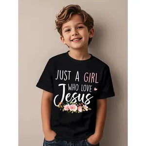 ' Christian T-Shirt "Just a Girl Who Loves Jesus" - Pink Cross & Floral Verse Kids Top, Soft Short Sleeve Church Outfit for Sunday, Group, Casual Wear (Black with White Lettering)