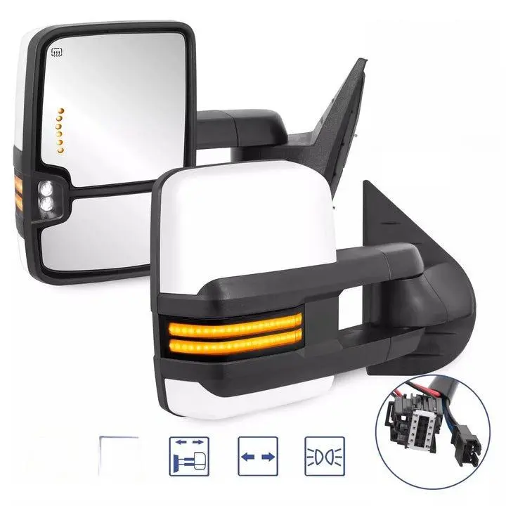 White Painted Power Heated Switchback Tow Mirrors w/ White Running Lights For 2008-2013 Silverado 1500 2500HD 3500 (Set of 2)