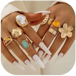 14K Gold Plated Stackable Knuckle Rings Set for Women Trendy Chunky Simulation Gemstone Signet Rings Dainty Midi Finger Rings Pack Aesthetic Statement Jewelry for Bridesmaid Wedding Gifts