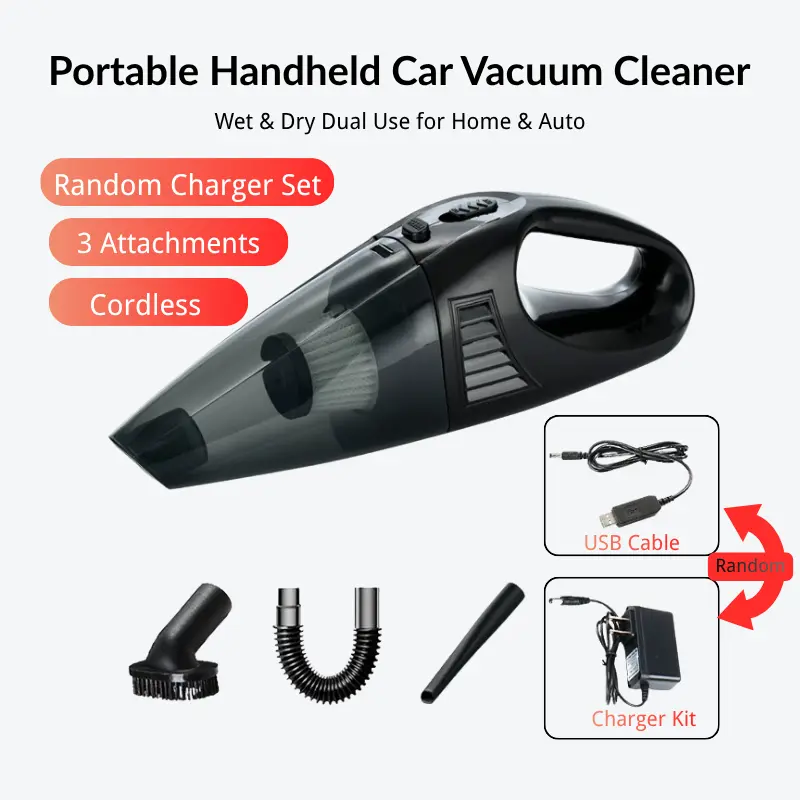 Portable Handheld Car Vacuum Cleaner Wet & Dry Dual Use for Home & Auto with 3 Attachments Cordless USB Cable Random Charger Set vacuumcleaner
