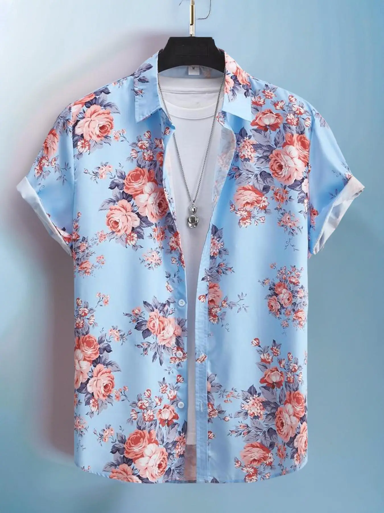 Men's Floral Print Button Front Shirt without Tee & Necklace, Shirts for Men, Casual Short Sleeve Hawaiian Shirt, Men Vacation Outfits 2024, Summer Ou