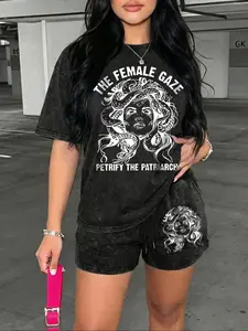 Women's Casual Two-Piece Set, Washed Short Sleeve Shorts with Medusa Letter Print, Vintage Street Fashion, Perfect for Holidays and Travel