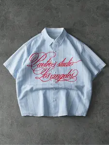 1 Unisex Y2K Vintage Graphic Print Shirt - Blue & White Gingham with Red Logo, Casual Button Up Top For Teens And Young Adults In Urban Outfits