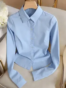 Short Fitted Waist Straight Shoulder Shirt for Women, Korean Style Slim Fit Versatile Office Long Sleeve Top, Multiple Colors Available