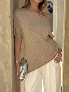 Elegant Women's Spring Summer Minimalist Fashion Casual Plain Knit Asymmetric Shoulder Short Sleeve Top, Loose-Fitting Pullover Sweater