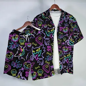 Men's 2-Piece Neon Ghost Anime Hawaiian Shirt & Shorts Set - Retro Manga Monsters Co-ord, Black Edgy Purple Shadow Graphic, Breathable Summer Beachwear Rave Vacation Apparel