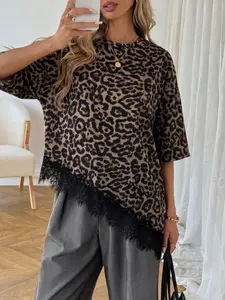 Casual Oversized Half Sleeve T-Shirt, Lace Trim Asymmetrical Hem, Soft Lounge Top, Comfortable Daily Wear, Stylish Relaxed Fit, Womenswear, Feminine