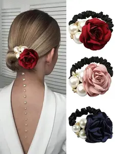 3Pcs Faux Pearl Floral Bow Hair Scrunchies, Elegant Hair Accessories for Women, Strong Hold for Thick Hair, Fashionable Decor for Wedding, Daily Wear & Mother’s Gift