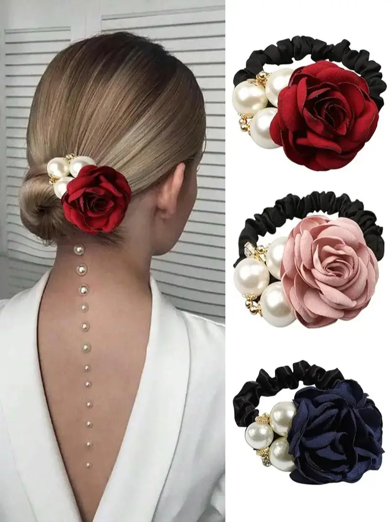 3Pcs Faux Pearl Floral Bow Hair Scrunchies, Elegant Hair Accessories for Women, Strong Hold for Thick Hair, Fashionable Decor for Wedding, Daily Wear & Mother’s Gift