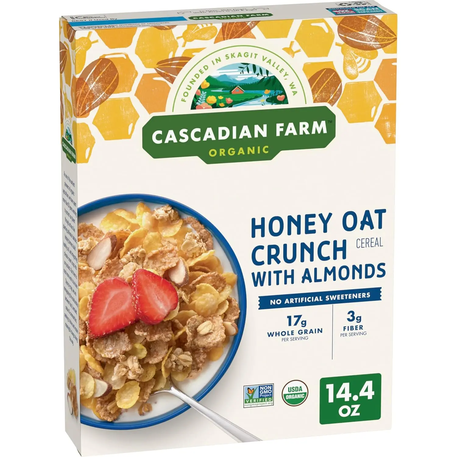 Cascadian Farm Honey Oat Crunch Cereal with Almonds, Organic, 14.4 oz | Contains Kernza Grain to Help Mitigate Climate Change; Non-GMO Project Verified; 17g Whole Grain, 3g Fiber