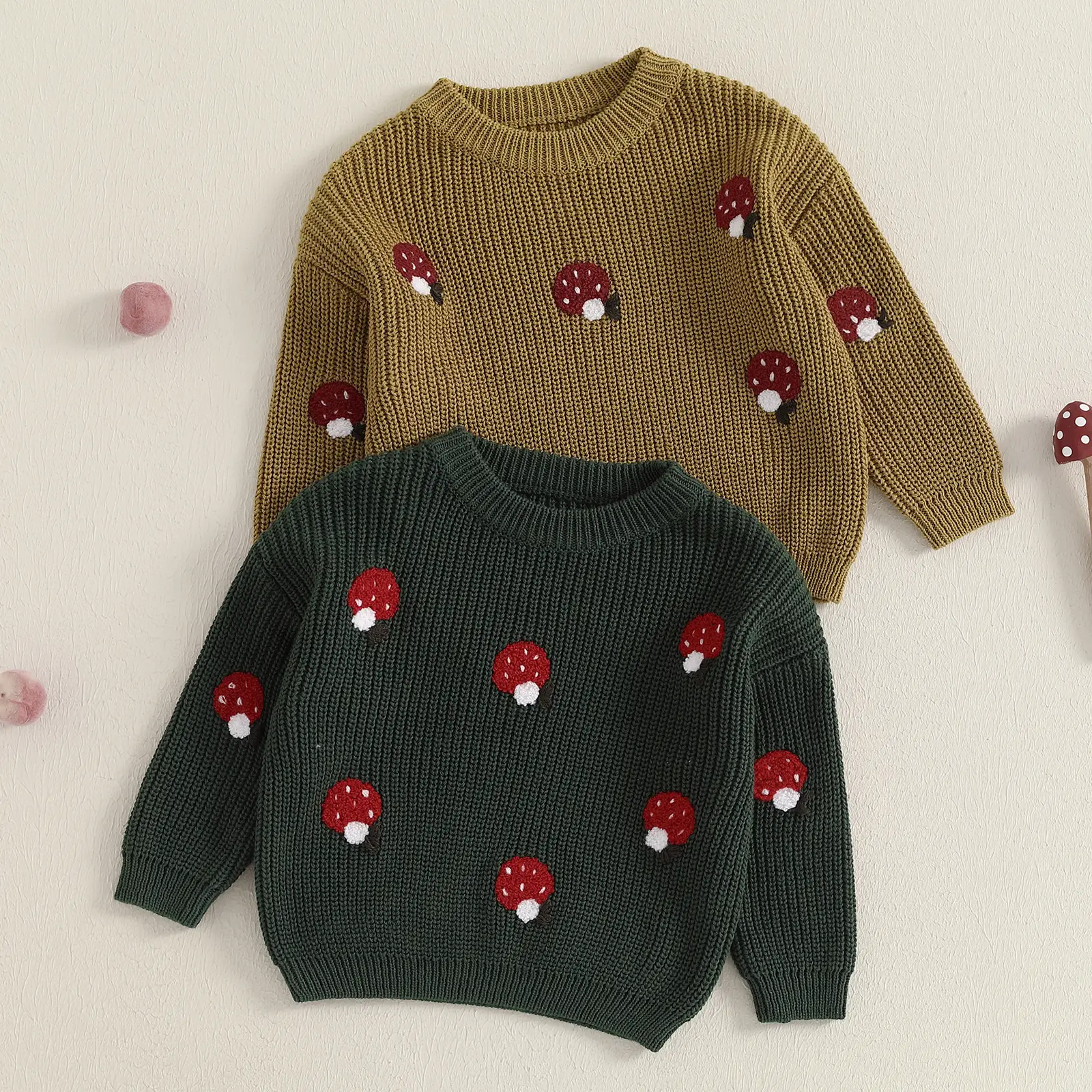 0-3T Newborn Girl Boy Sweater Casual Mushroom Embroidery Warm Knitted Long Sleeves Pullover Infant Knitwear for Toddler
