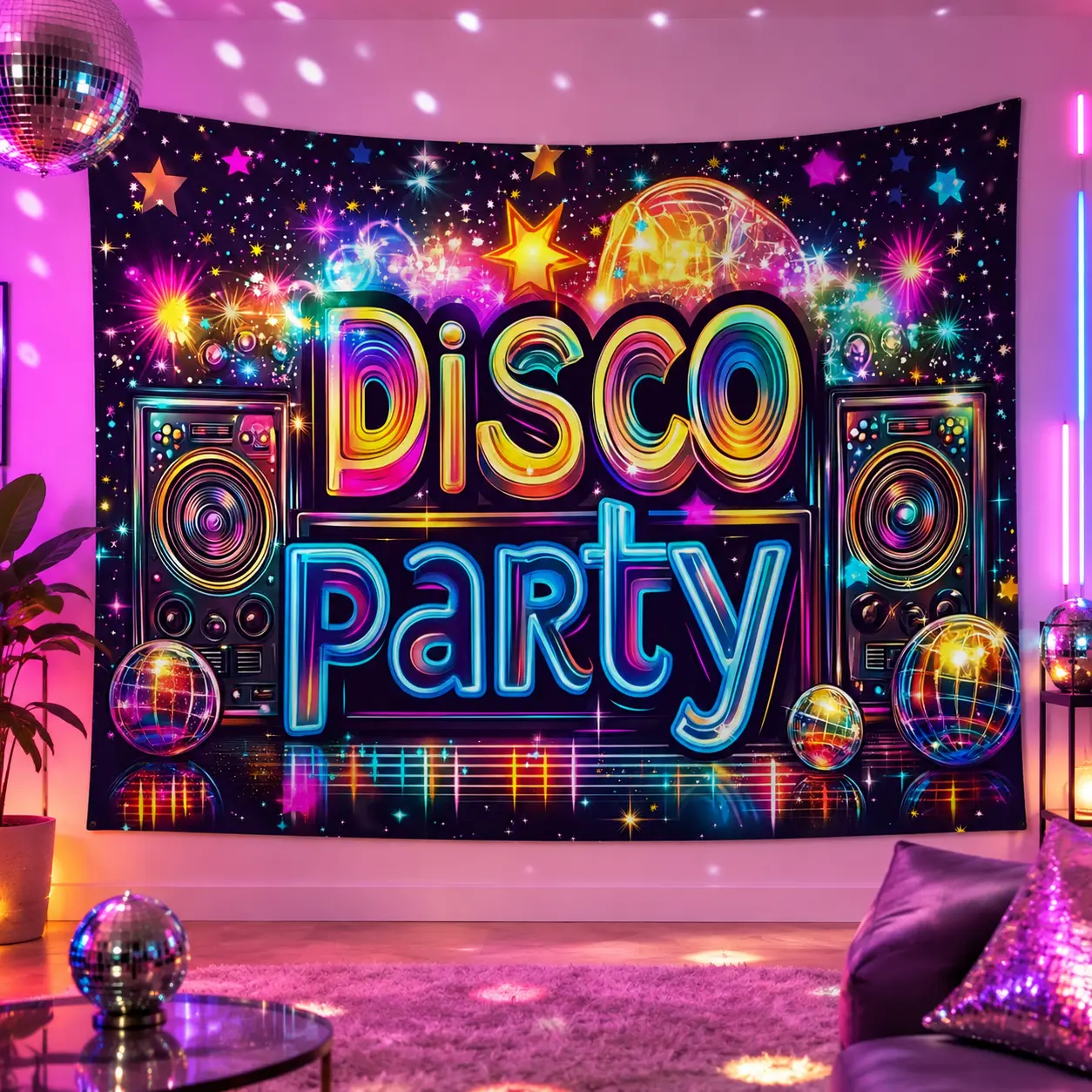 Disco Party Tapestry Wall Decor, Neon Birthday Party Backdrop, Retro Dance Party Banner, Room Decor for Girls, LED Party Wall Hanging