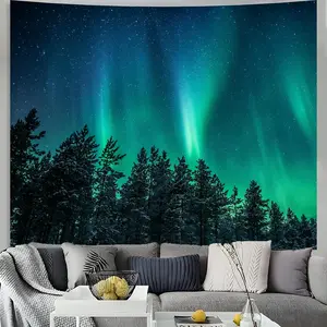 Northern Lights Forest Wall Tapestry for Bedroom Living Room, Nature Starry Night Calming Aurora Borealis Wall Hanging, Winter Space Tapestry Ceiling Decor for Dorm Men 51"X60"