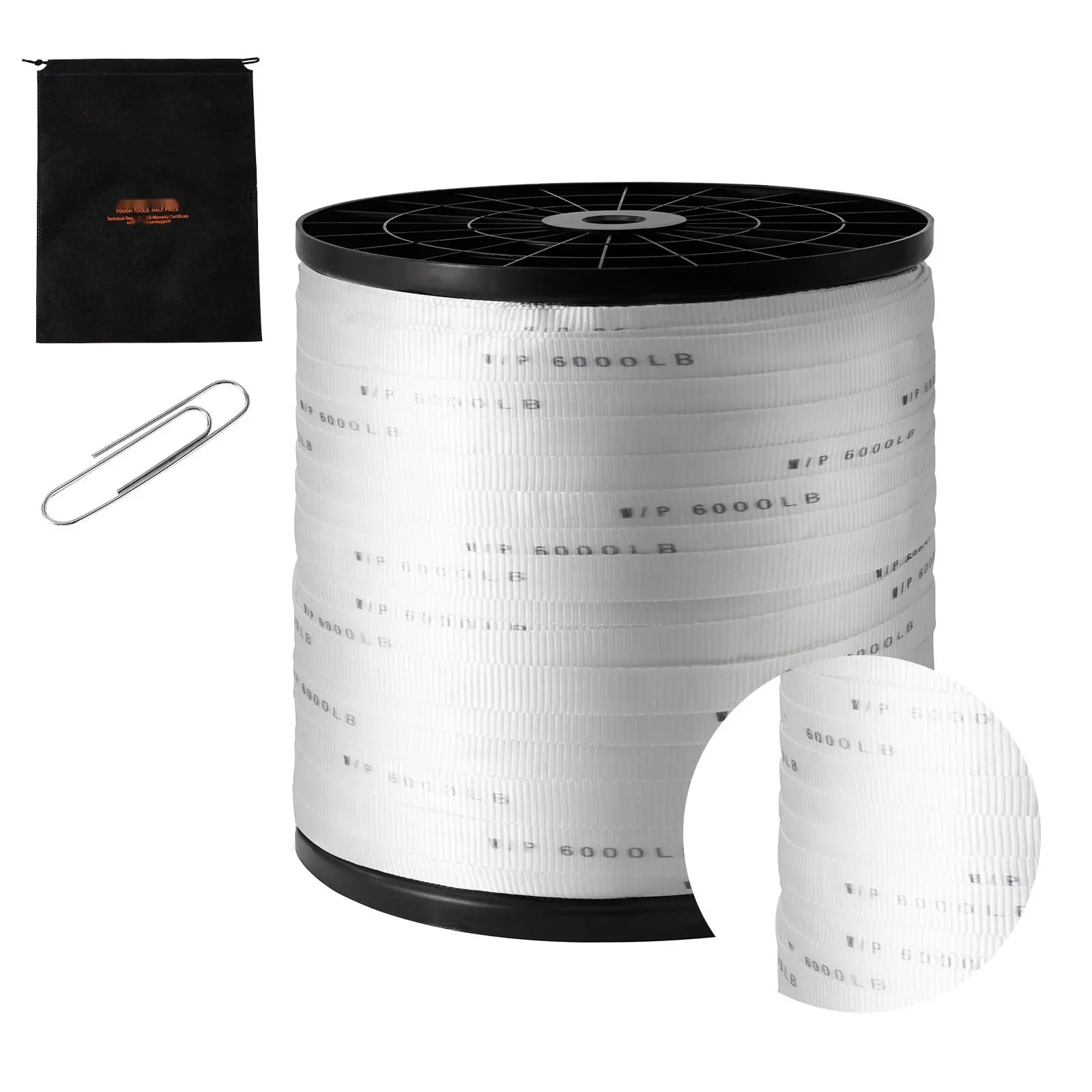 Polyester Pull Tape 1-Inch By 2103 Feet Mule Tape Flat Rope With 6000 Lbf Tensile Capacity, Printed Webbing Cable Pulling Tape For Packaging, Gardening, Electrical, Conduit Installation, Heavy Duty White
