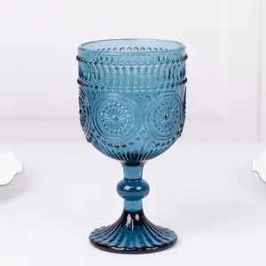 6-Pack Vintage Embossed Wine Glasses 12oz Short Stemmed Design Ocean Blue - Textured Floral Pattern for Cocktails & Drinks